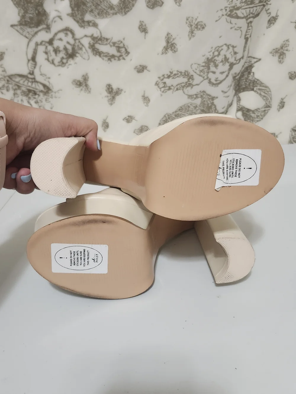 Oh Polly Beige Chunky Platform Slide Heels